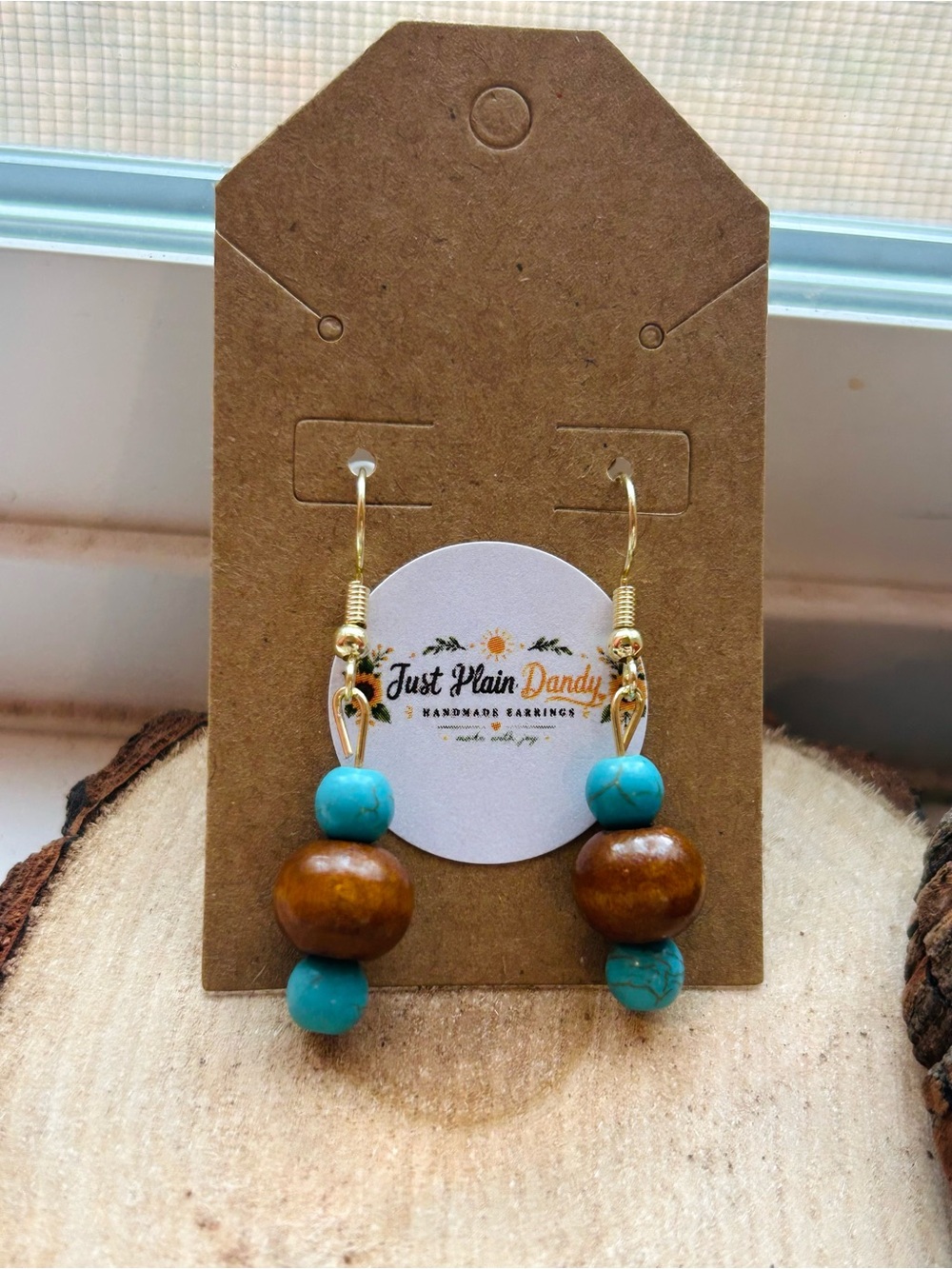 Southwest Turquoise Wood Beaded Dangle Earrings Handmade Boho Western - Picture 3 of 4